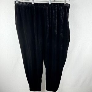 Eileen Fisher Black Velvet Pants Sz 3X PullOn Pockets Elastic Ankle Rayon Silk